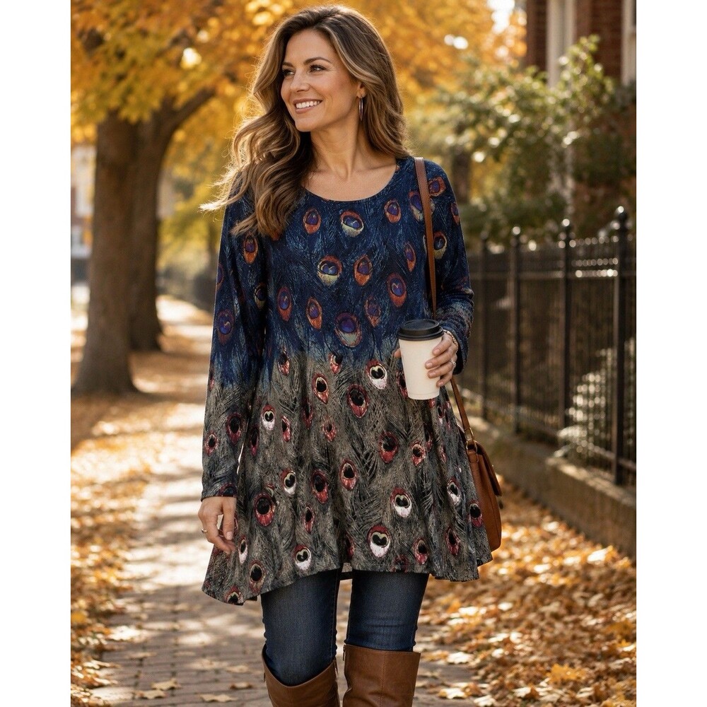 Grace Elements Peacock Feather Print Tunic Top XL Hi Low Hem Stretchy Chic